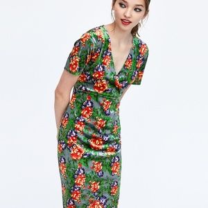 Zara Womens Velvet Floral Midi Dress Gray Size S
